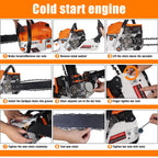 58cc gas chainsaw: cold-start instruction sequence.