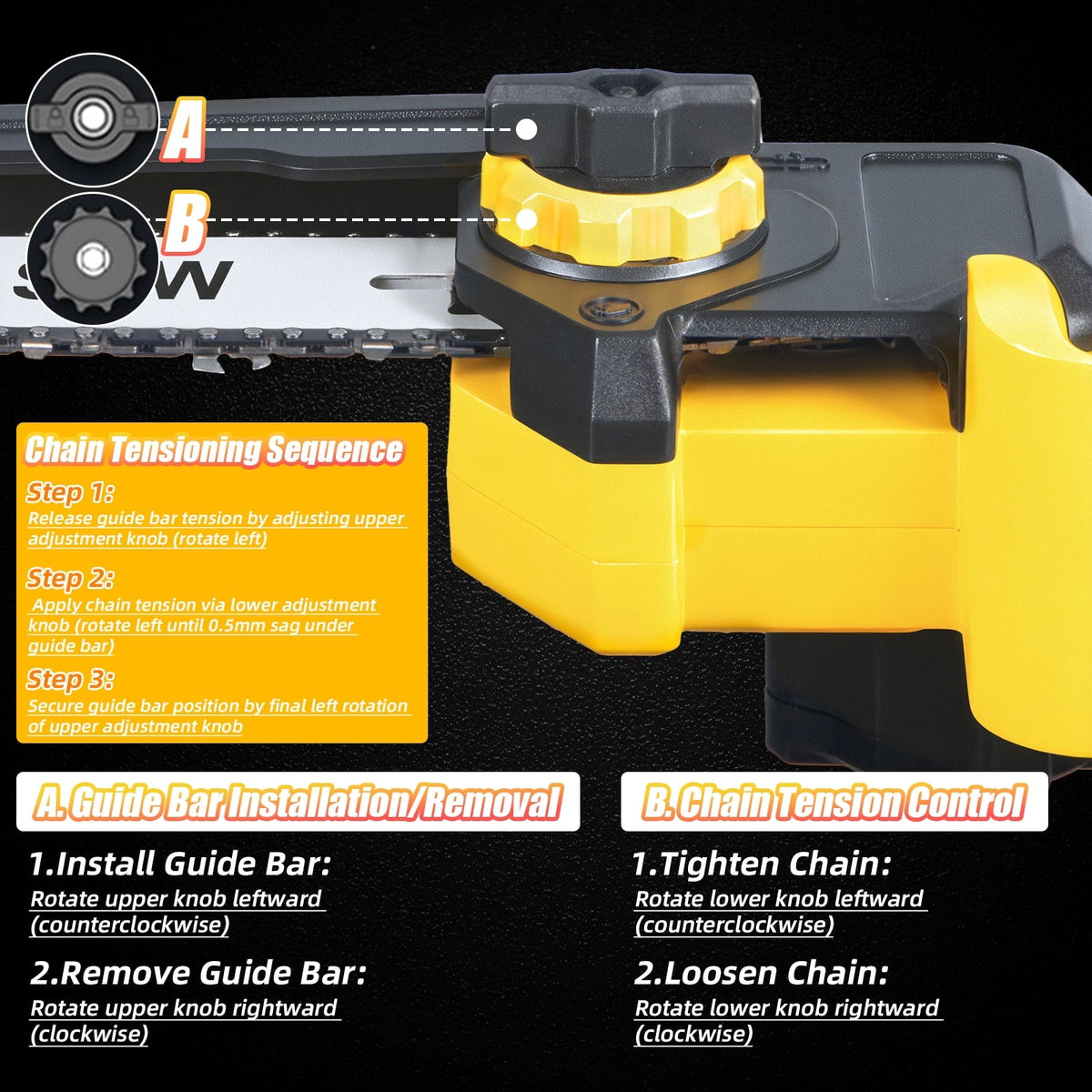 8 inch cordless mini chainsaw: chain tension adjustment sequence.
