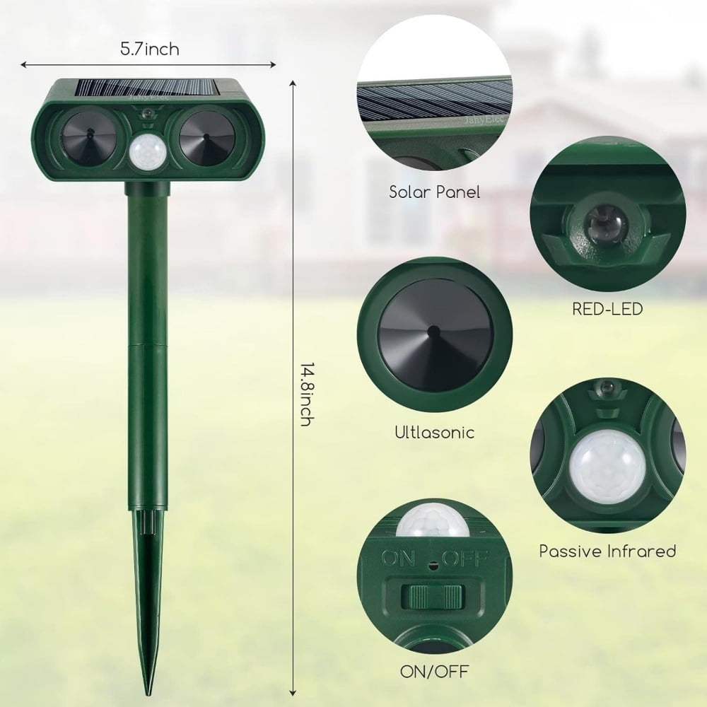 Solar animal repeller 4 pack: repeller dimensions and sensor details.