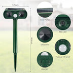 Solar animal repeller 4 pack: repeller dimensions and sensor details.