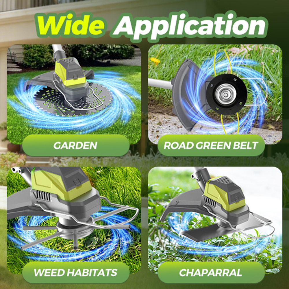 Cordless trimmer with pivoting head: trimmer used around garden edges.