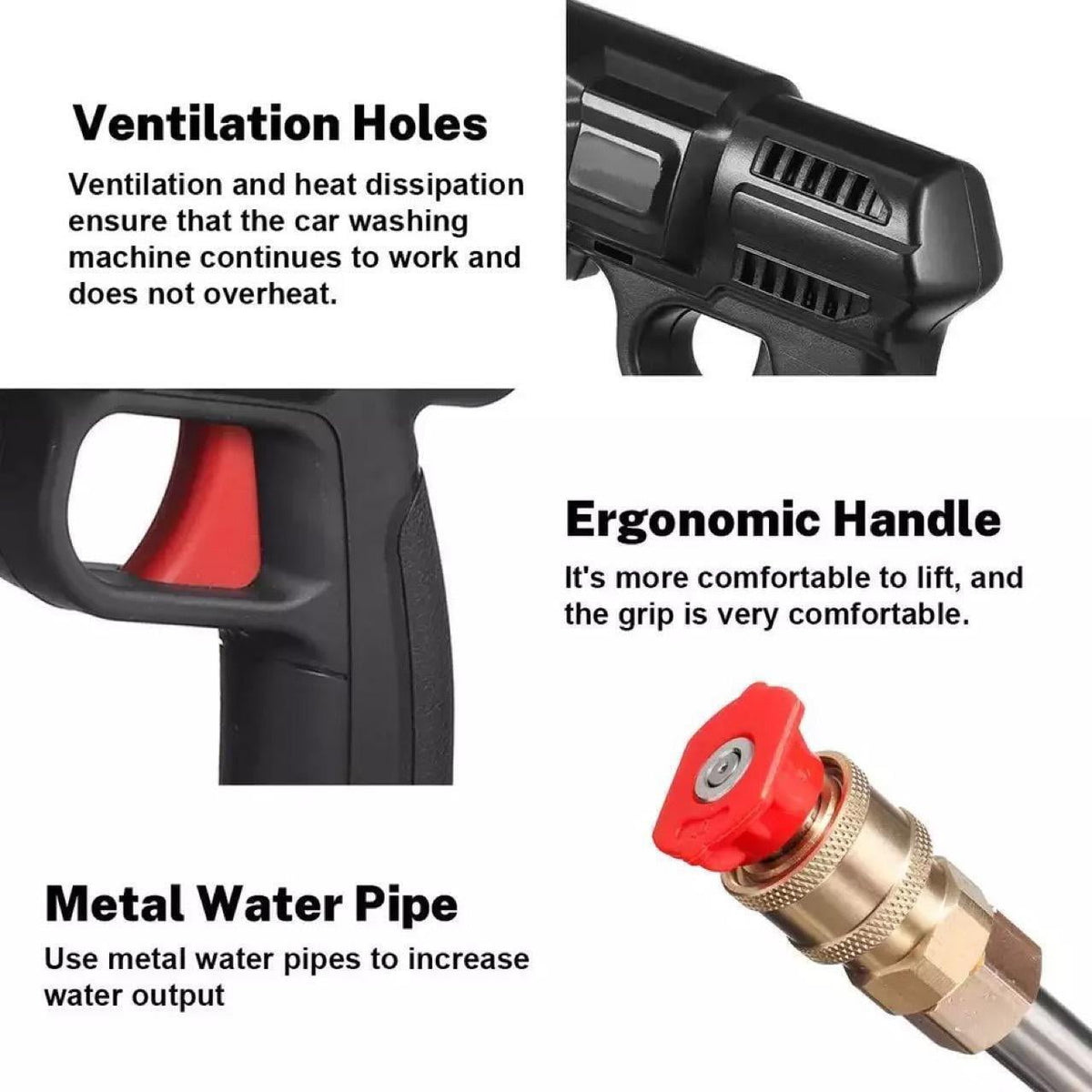 Cordless portable pressure washer: washer grip ventilation and brass fitting.