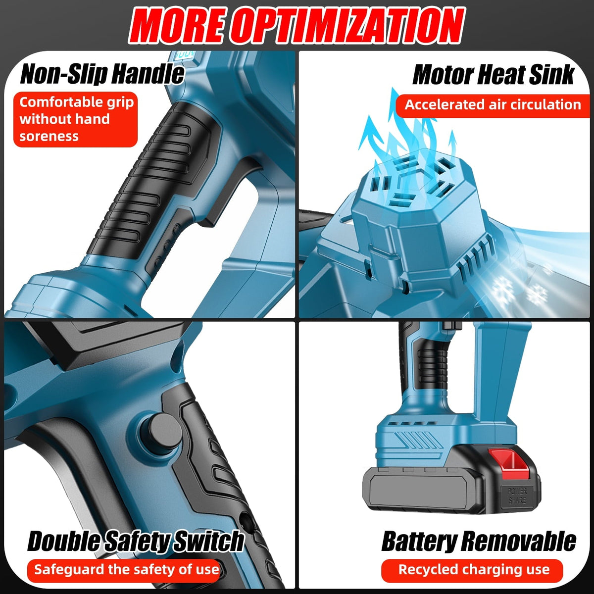 Blue cordless mini chainsaw: grip safety switches and removable battery.
