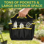 Garden tool set with bag: tote pockets holding garden tools.