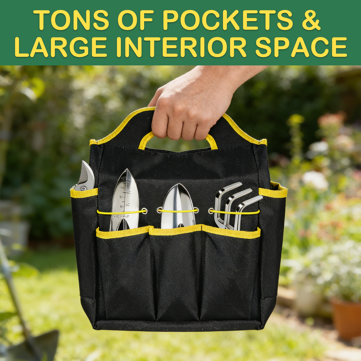 Garden tool set with bag: tote pockets holding garden tools.