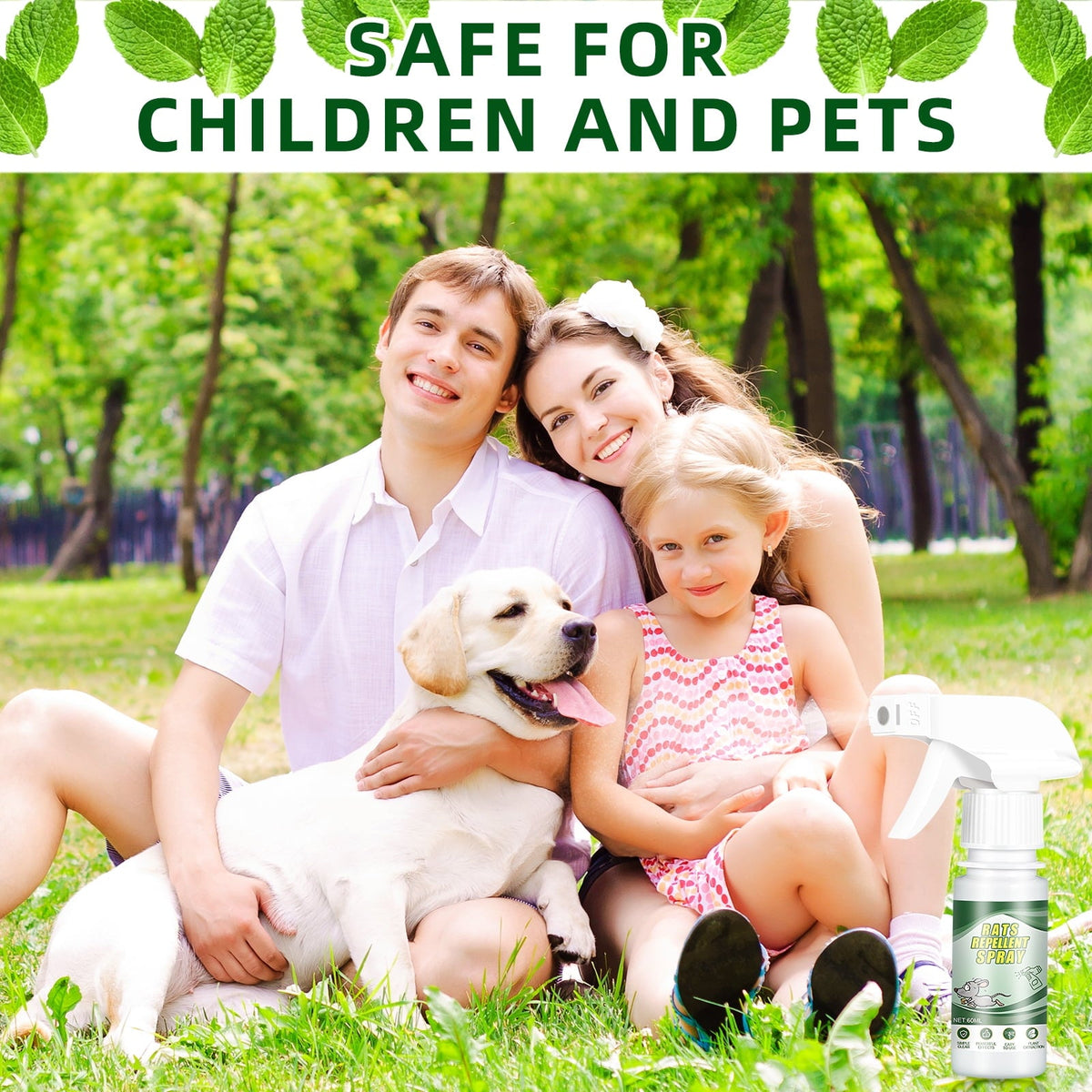 Peppermint rodent repellent spray: family garden promotional artwork.