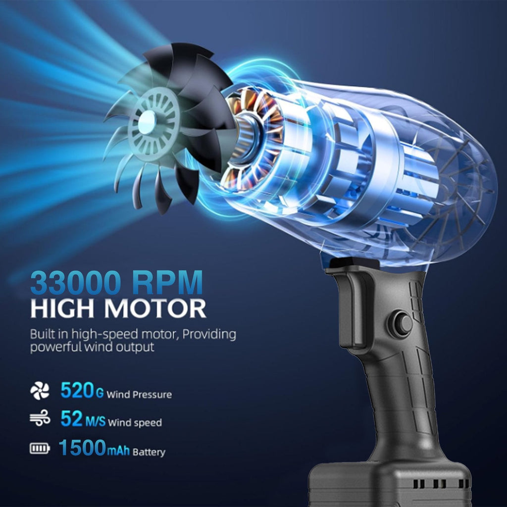 Black cordless leaf blower: motor and fan illustration.
