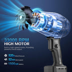 Black cordless leaf blower: motor and fan illustration.