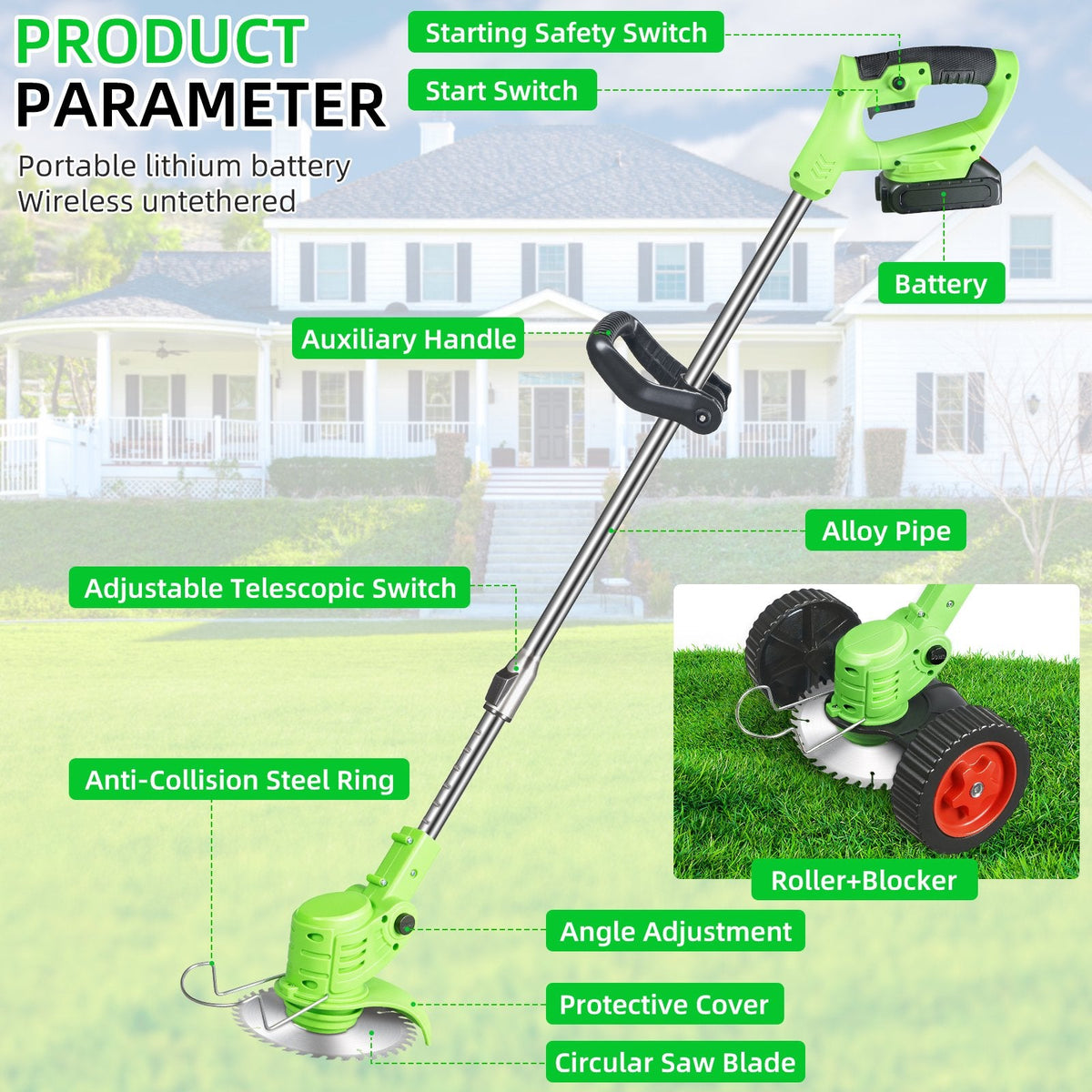 Cordless grass trimmer: labeled shaft handle and guard.