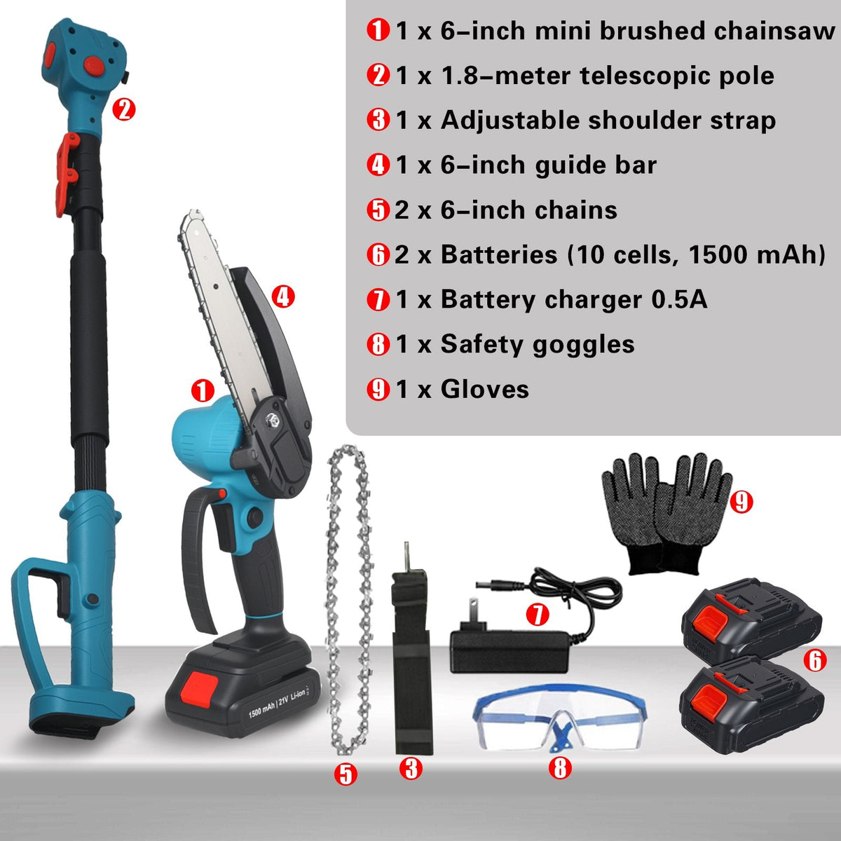 Cordless pole saw: pole saw package contents.