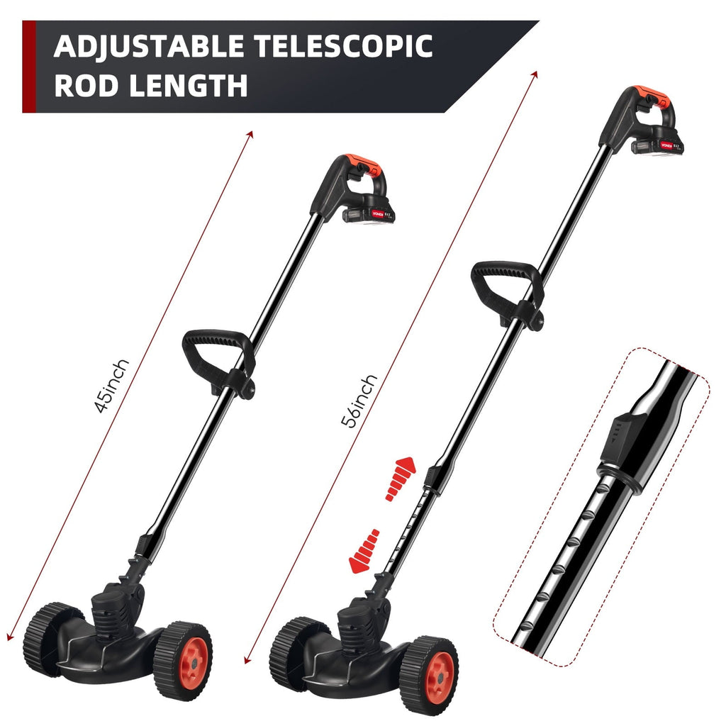 Cordless grass trimmer with wheels: telescopic shaft adjustment.