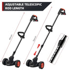Cordless grass trimmer with wheels: telescopic shaft adjustment.