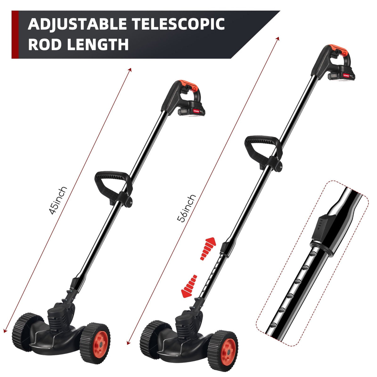 Cordless grass trimmer with wheels: telescopic shaft adjustment.