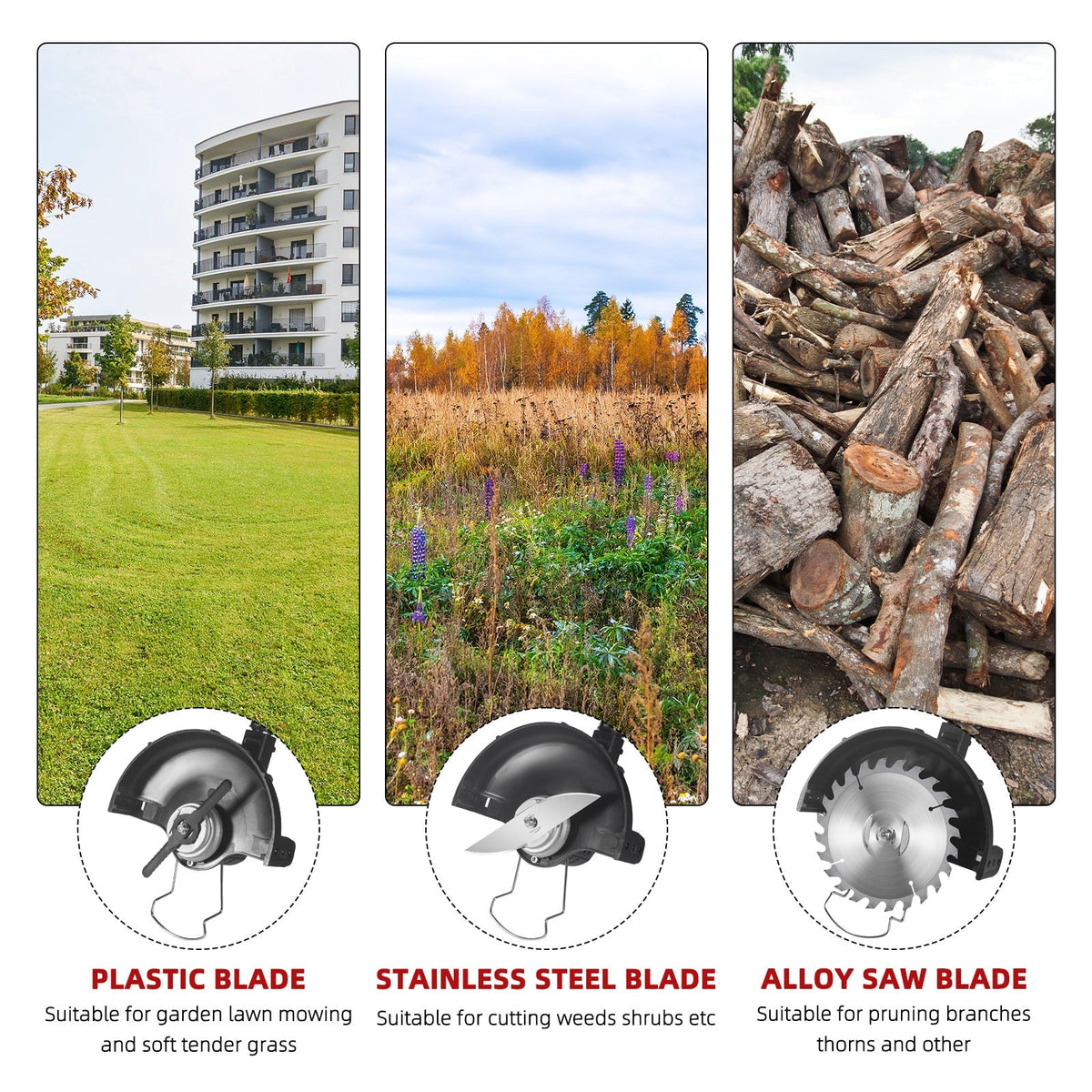 Cordless brush cutter kit: plastic metal and saw attachment examples.
