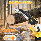 8 inch cordless mini chainsaw: chainsaw cutting a log.