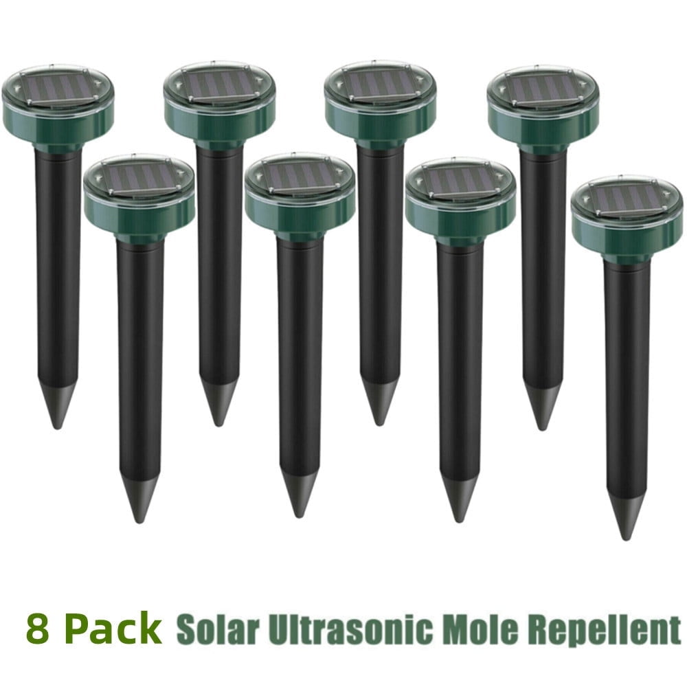 Solar mole repellent stakes: eight green solar deterrent stakes.