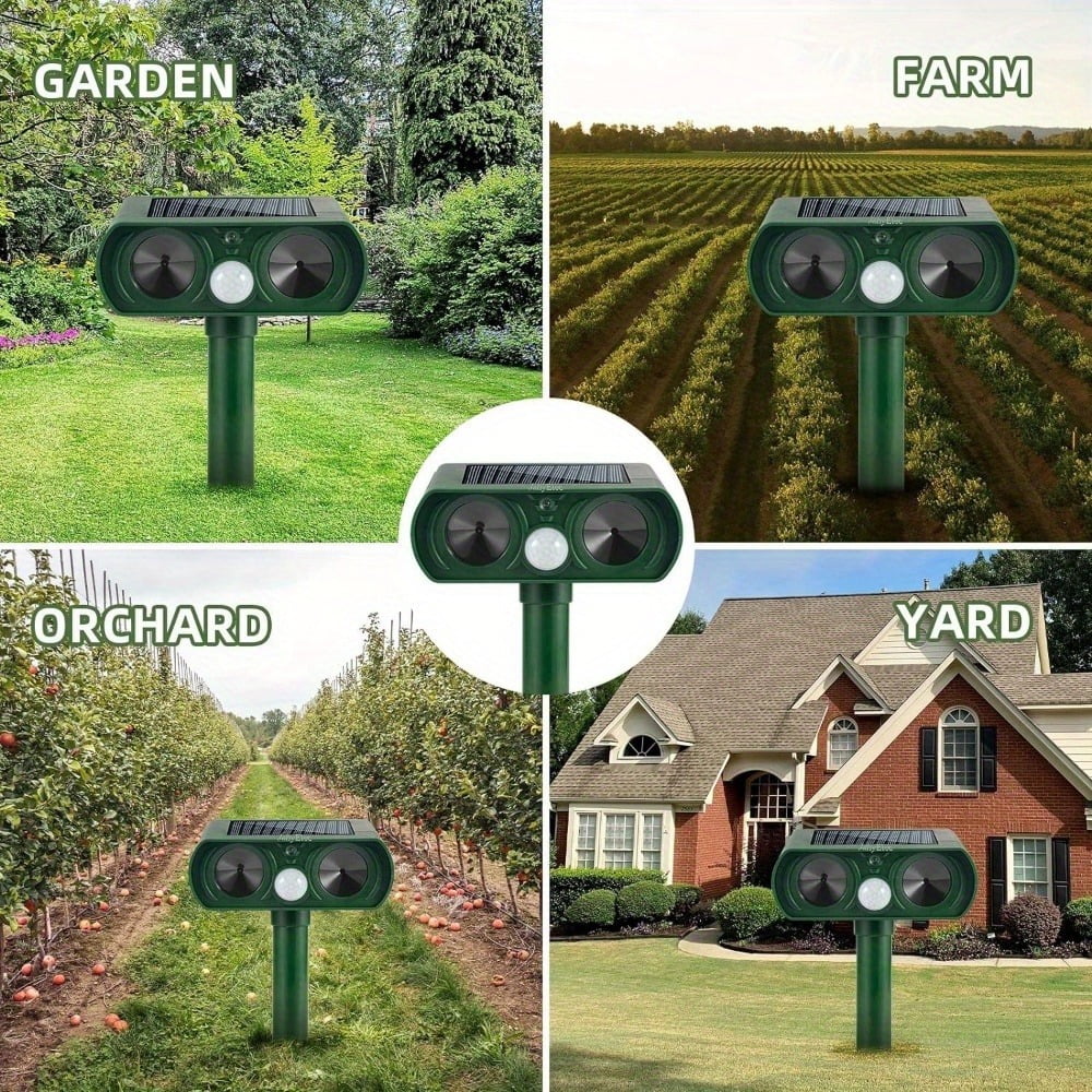 Solar animal repeller 4 pack: garden farm orchard and yard placements.