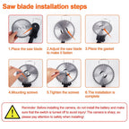 Black cordless grass trimmer: blade installation steps.