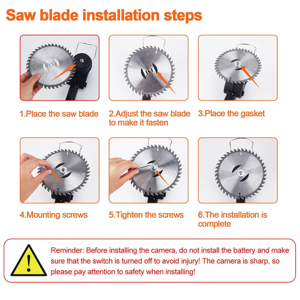 Black cordless grass trimmer: blade installation steps.