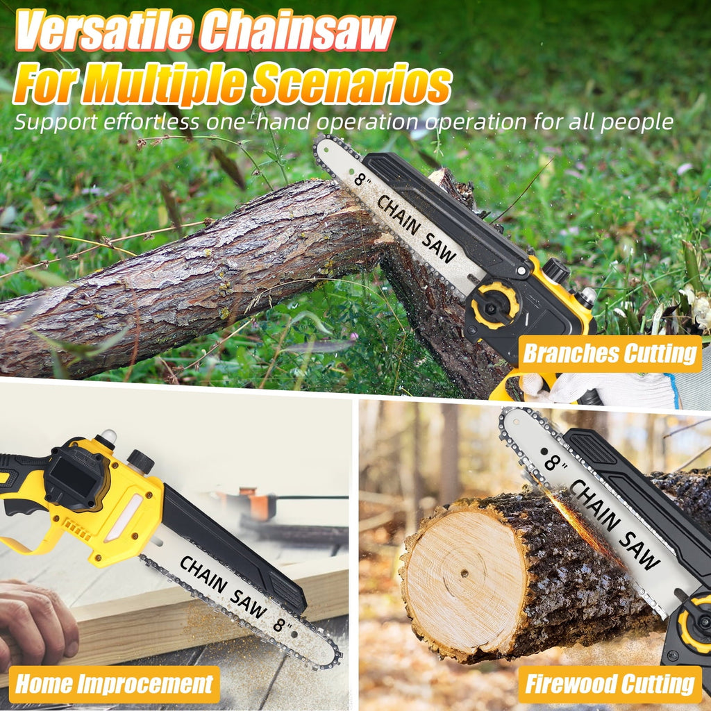 8 inch cordless mini chainsaw: branch and wood-cutting examples.