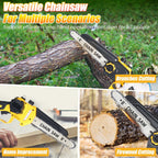8 inch cordless mini chainsaw: branch and wood-cutting examples.