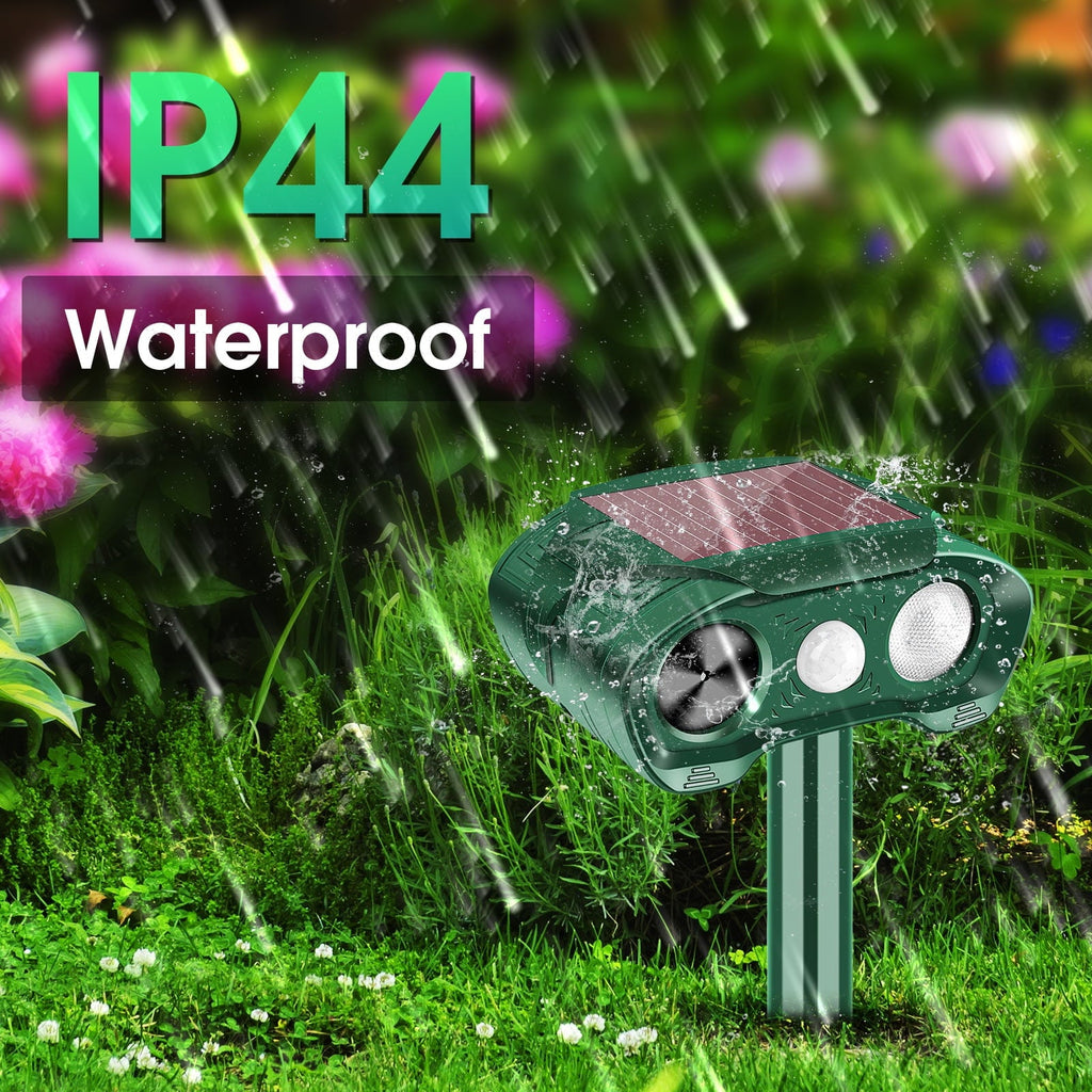 Solar animal repeller 2 pack: repeller in rain illustration.