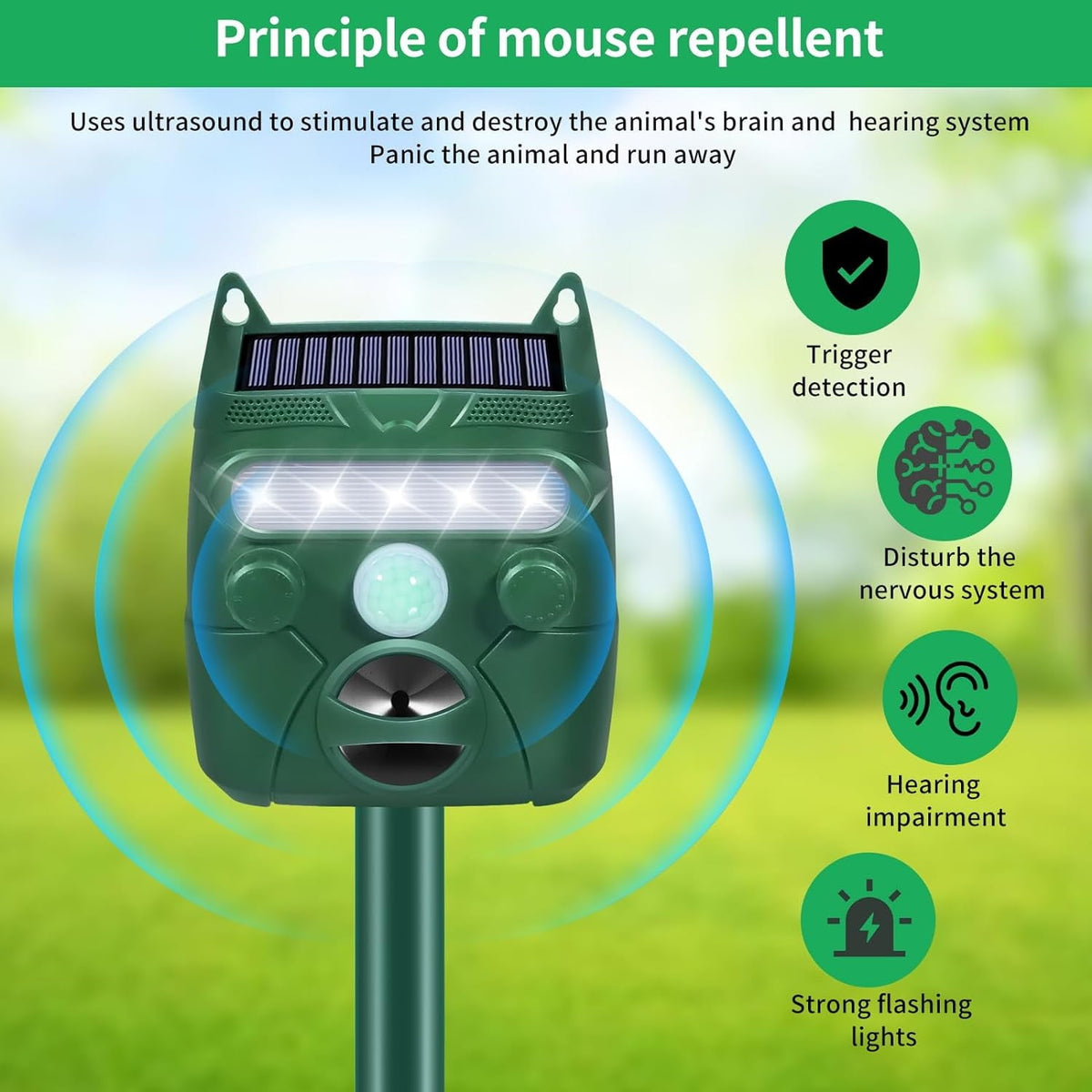 Motion activated solar animal repeller: sound and light function diagram.