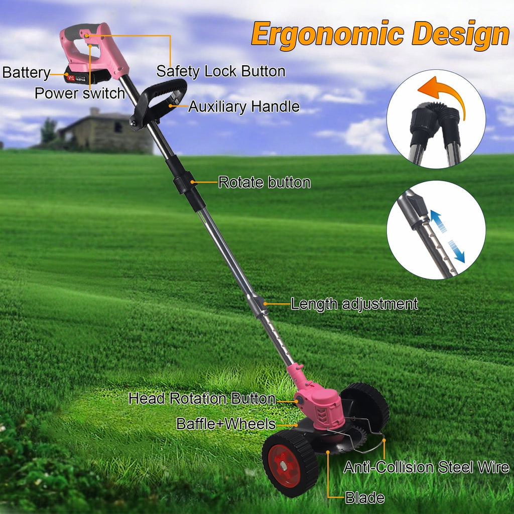 Pink cordless trimmer: labeled handle shaft and safety controls.