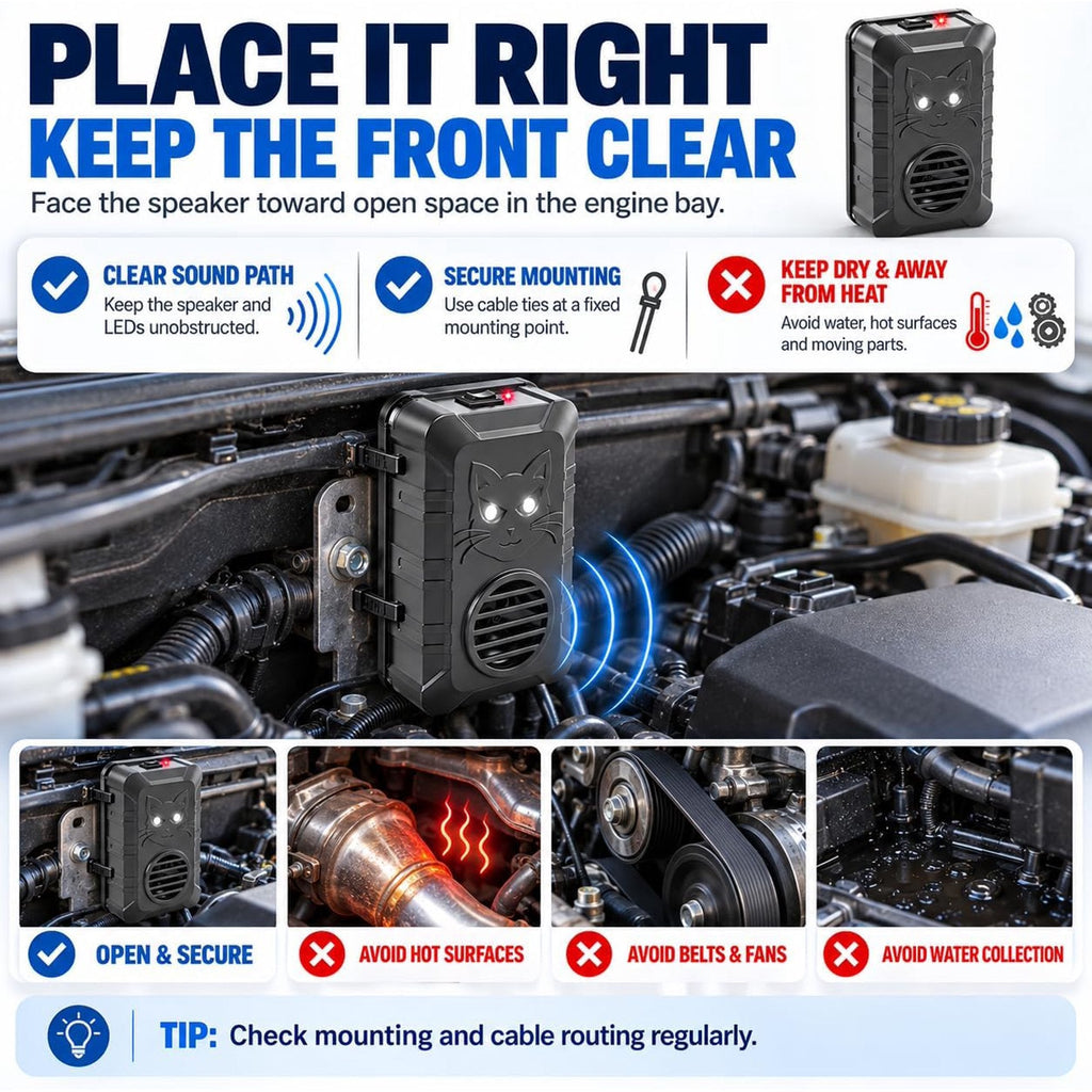 Under hood rodent repeller: front-panel clearance and placement diagram.