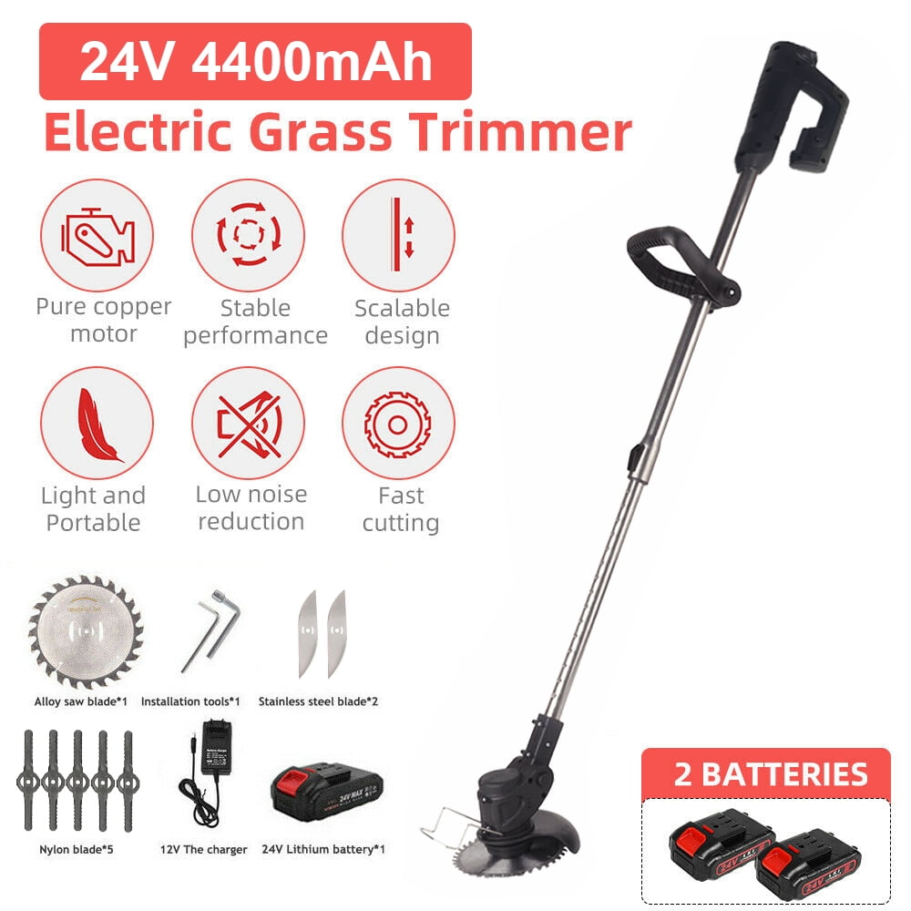 Black cordless grass trimmer: voltage and capacity artwork.