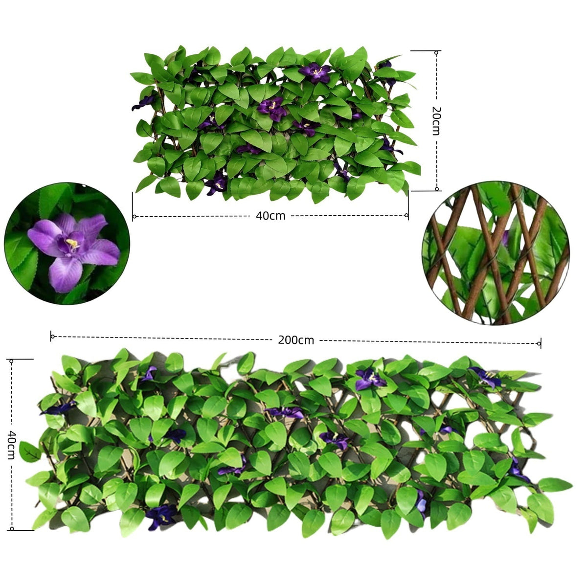 Expandable ivy privacy trellis: expanded trellis size configurations.