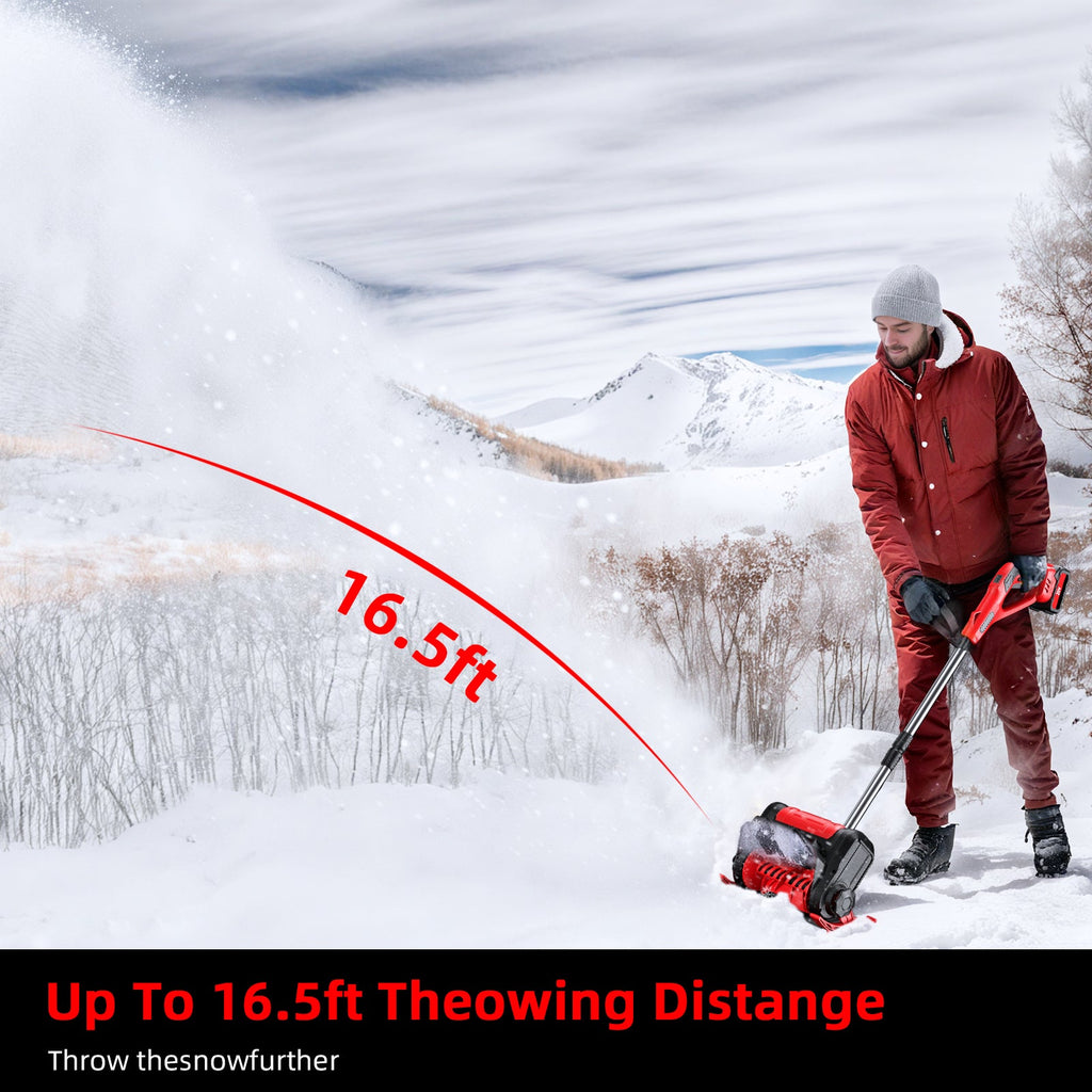 Cordless snow shovel: snow-throw distance artwork.