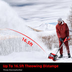 Cordless snow shovel: snow-throw distance artwork.