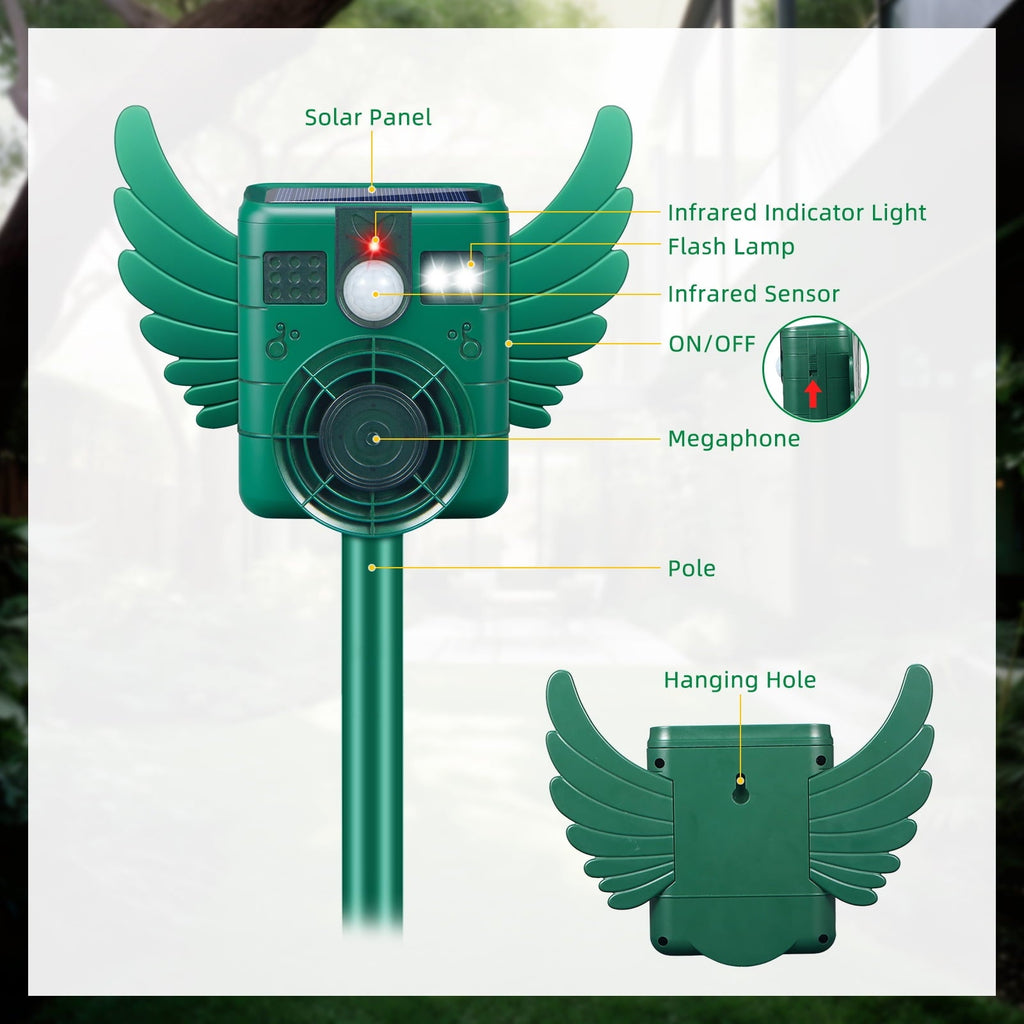 Motion sensor animal repeller: front and rear component diagram.