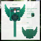 Motion sensor animal repeller: front and rear component diagram.
