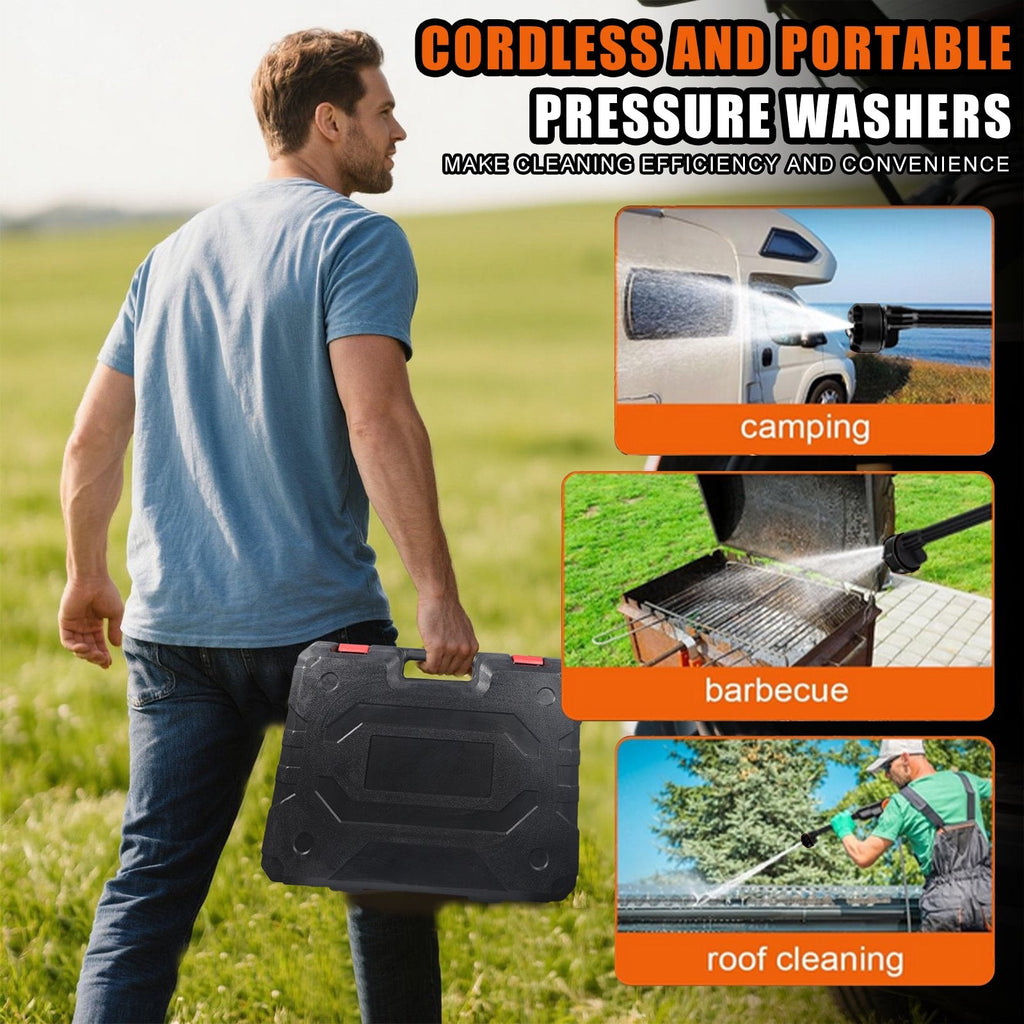 Portable cordless pressure washer: carrying case and outdoor cleaning examples.