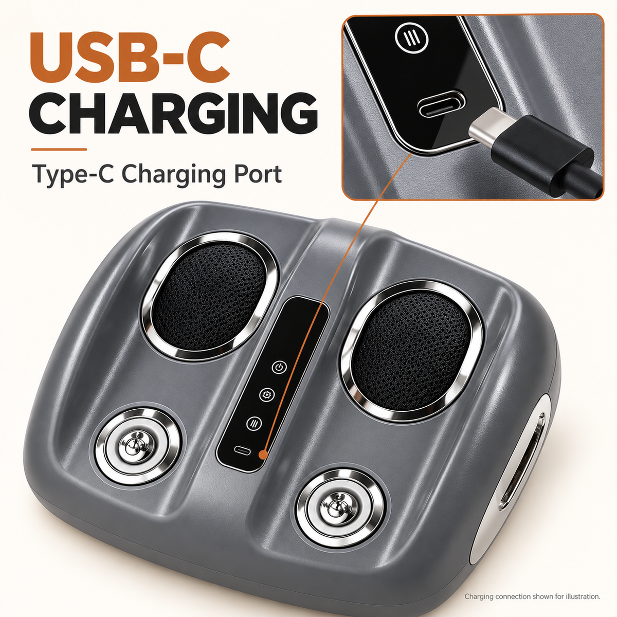 Electric foot massager with heat: USB-C charging port close-up.