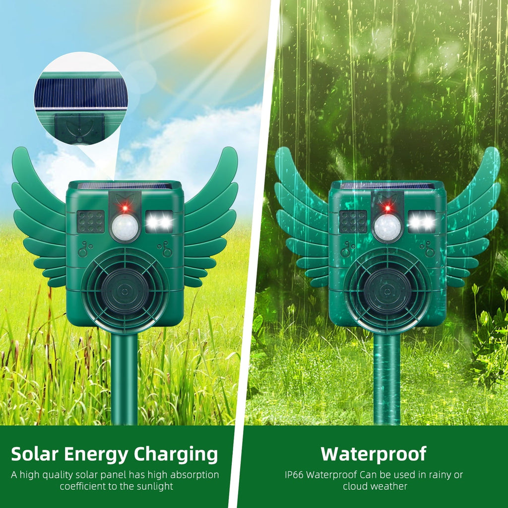 Motion sensor animal repeller: solar panel and outdoor placement.