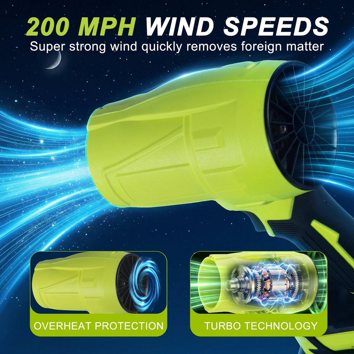 Cordless leaf blower kit: fan and airflow illustration.