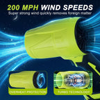 Green cordless leaf blower: fan and airflow illustration.