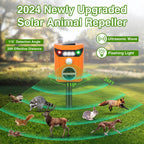 Solar ultrasonic animal repeller: motion sensor and light features.