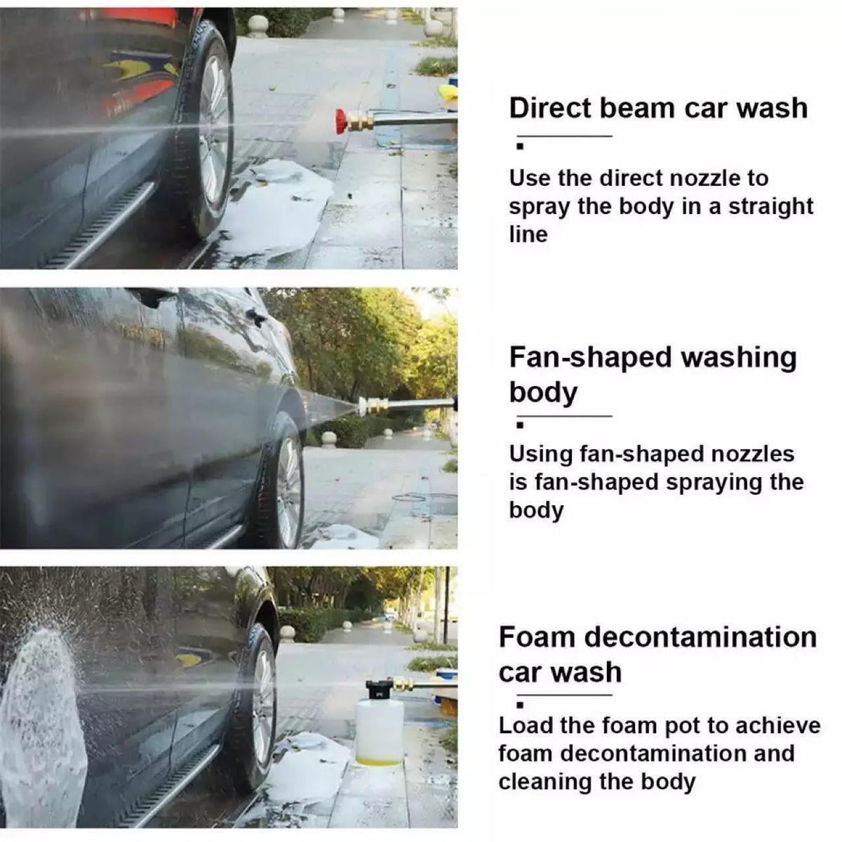 Cordless portable pressure washer: car washing spray patterns.