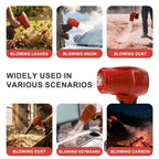Red cordless leaf blower: blower use examples.