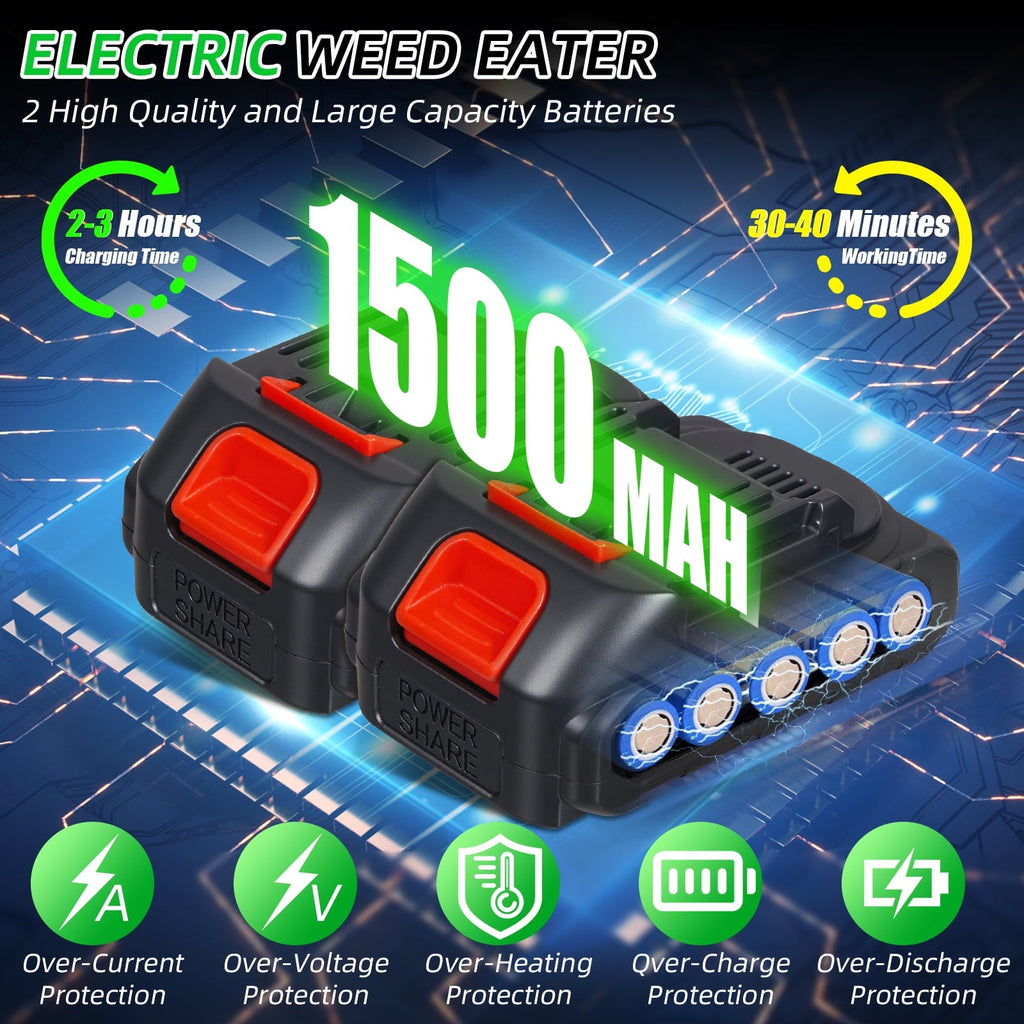 Cordless trimmer and edger: battery pair and charging illustration.