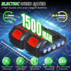 Cordless trimmer and edger: battery pair and charging illustration.