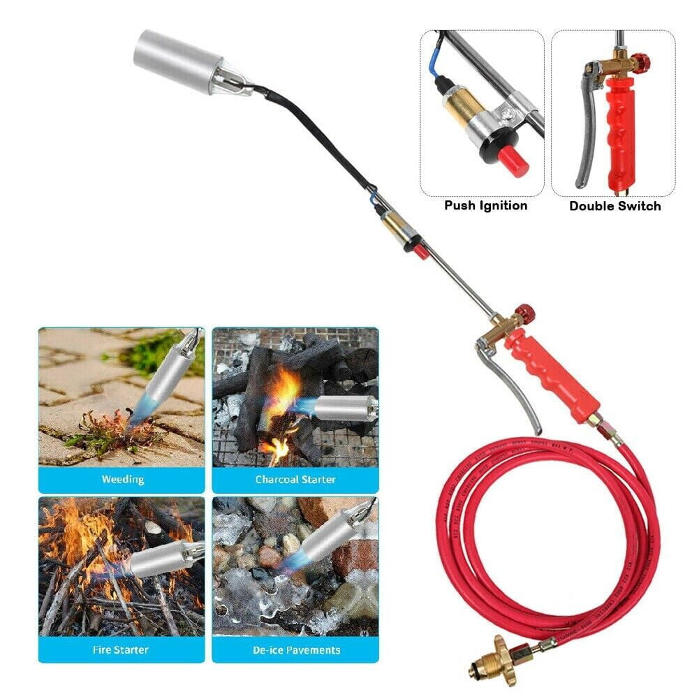 Propane weed burner torch: torch adjustment and application examples.