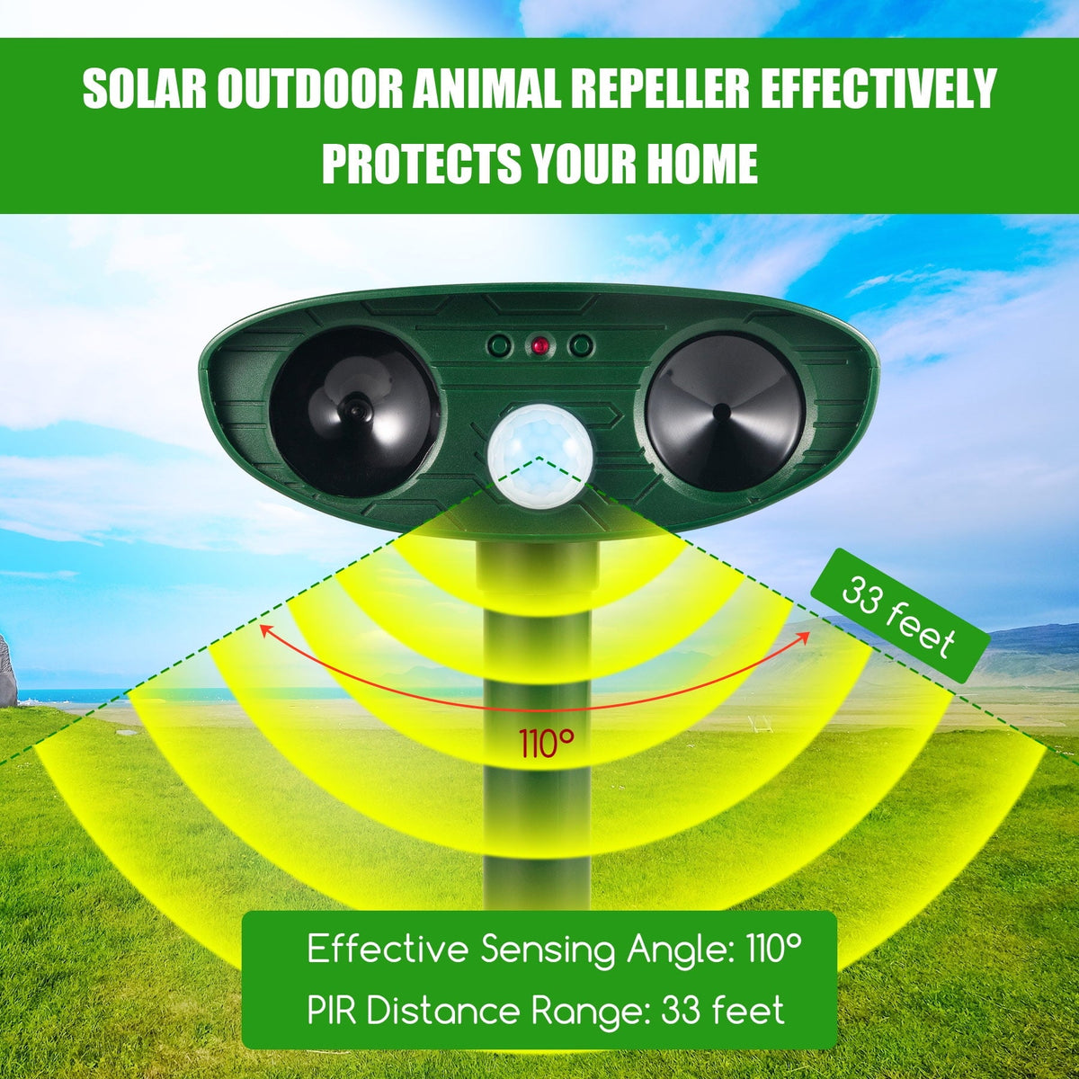 Solar motion activated animal repeller: motion detection angle diagram.