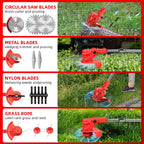 Cordless brush cutter with wheels: cutting attachment types.