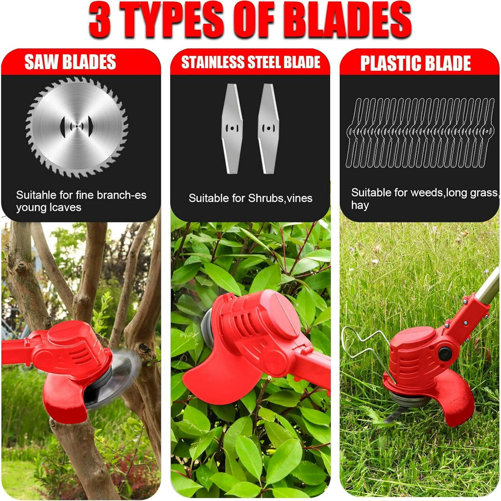 Cordless lawn trimmer with wheels: three cutting attachment types.