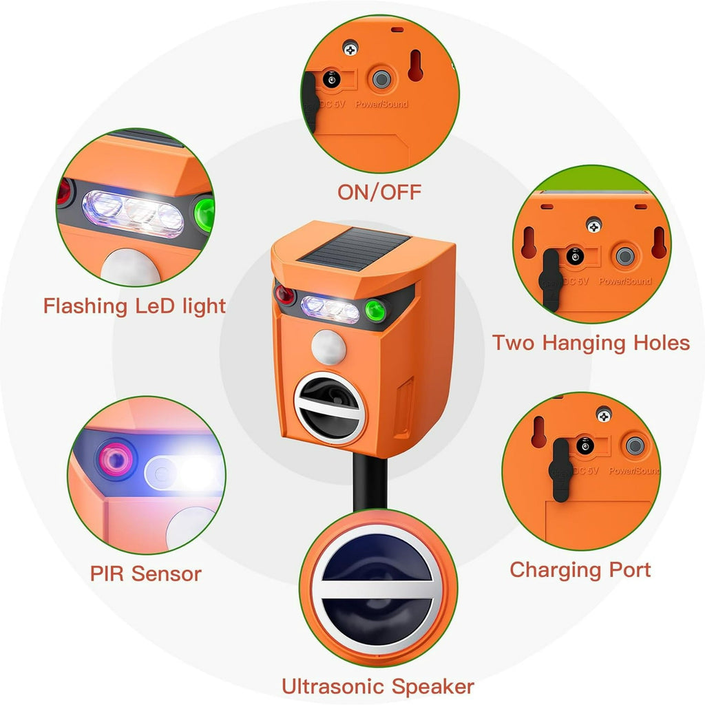 Solar animal repeller with flashing light: switch sensor speaker and charging-port details.